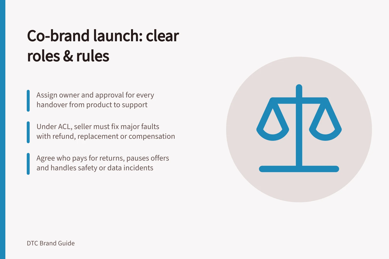Co-brand launch: clear roles & rules: Assign owner and approval for every handover from product to support; Under ACL, seller must fix major faults with refund, replacement or compensation; Agree who pays for returns, pauses offers and handles safety or data incidents