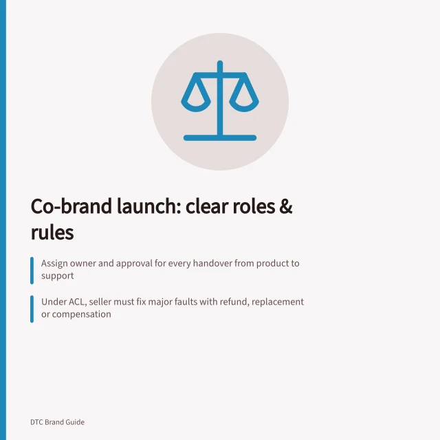 Co-brand launch: clear roles & rules: Assign owner and approval for every handover from product to support; Under ACL, seller must fix major faults with refund, replacement or compensation; Agree who pays for returns, pauses offers and handles safety or data incidents. Agreeing on responsibilities in a co-branded launch