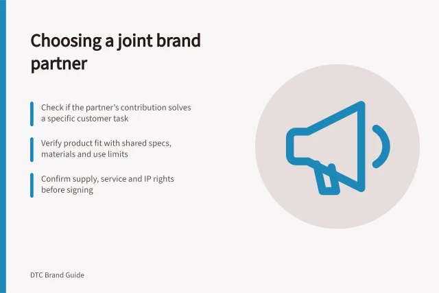 Choosing a joint brand partner: Check if the partner’s contribution solves a specific customer task; Verify product fit with shared specs, materials and use limits; Confirm supply, service and IP rights before signing. Choosing a complementary brand for a joint product