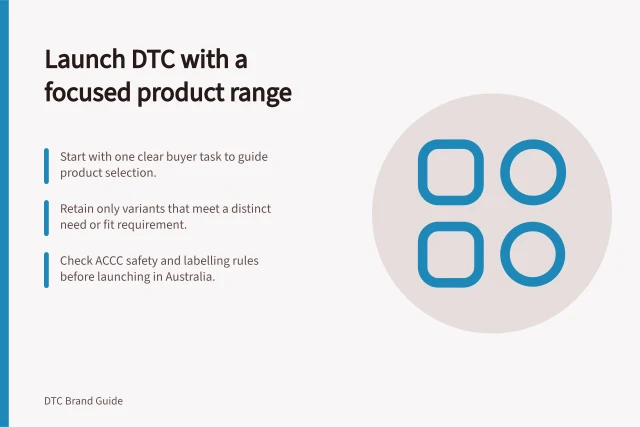 Launch DTC with a focused product range: Start with one clear buyer task to guide product selection.; Retain only variants that meet a distinct need or fit requirement.; Check ACCC safety and labelling rules before launching in Australia. Choosing a focused first DTC product range
