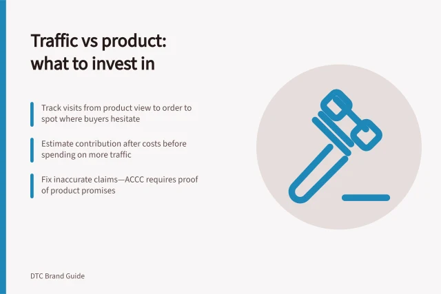 Traffic vs product: what to invest in: Track visits from product view to order to spot where buyers hesitate; Estimate contribution after costs before spending on more traffic; Fix inaccurate claims—ACCC requires proof of product promises. Choosing between more traffic and a better product experience