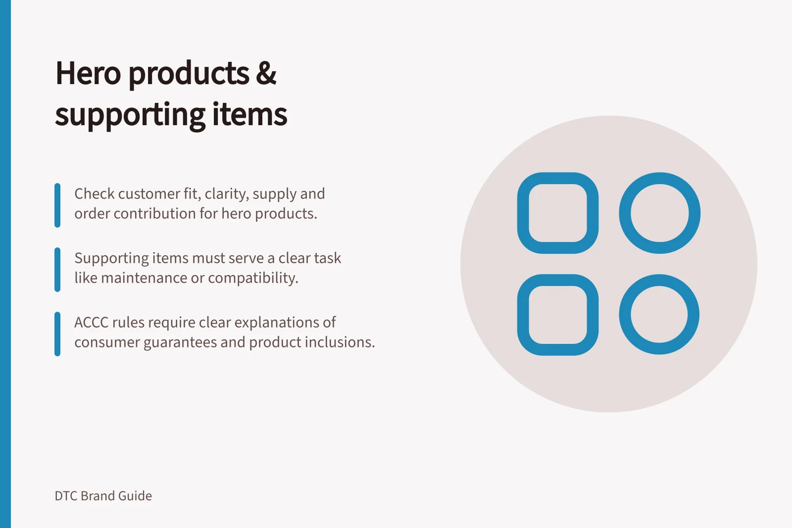 Hero products & supporting items: Check customer fit, clarity, supply and order contribution for hero products.; Supporting items must serve a clear task like maintenance or compatibility.; ACCC rules require clear explanations of consumer guarantees and product inclusions.