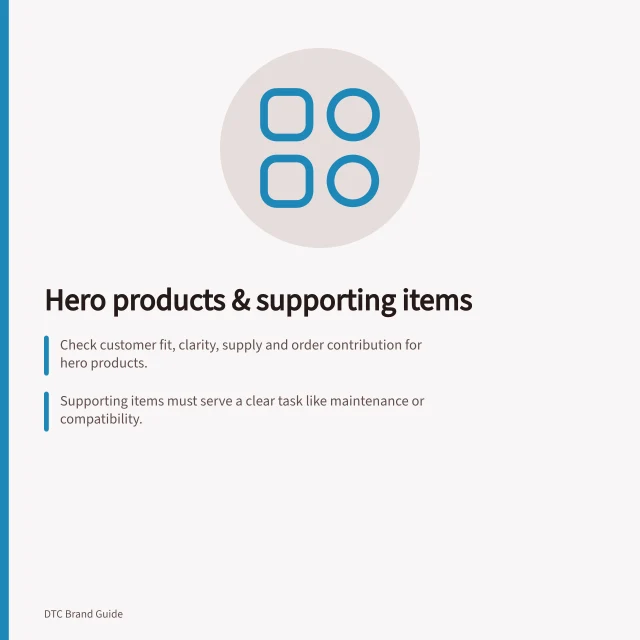 Hero products & supporting items: Check customer fit, clarity, supply and order contribution for hero products.; Supporting items must serve a clear task like maintenance or compatibility.; ACCC rules require clear explanations of consumer guarantees and product inclusions. Choosing hero products and supporting items