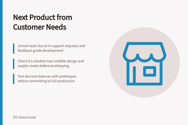 Next Product from Customer Needs: Unmet tasks found in support requests and feedback guide development; Check if a solution has credible design and supply routes before prototyping; Test decisive features with prototypes before committing to full production. Choosing the next product from customer needs