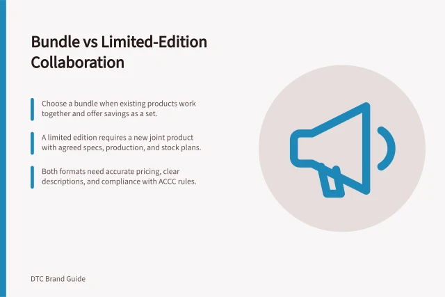 Bundle vs Limited-Edition Collaboration: Choose a bundle when existing products work together and offer savings as a set.; A limited edition requires a new joint product with agreed specs, production, and stock plans.; Both formats need accurate pricing, clear descriptions, and compliance with ACCC rules. Comparing a bundle partnership with a limited-edition collaboration