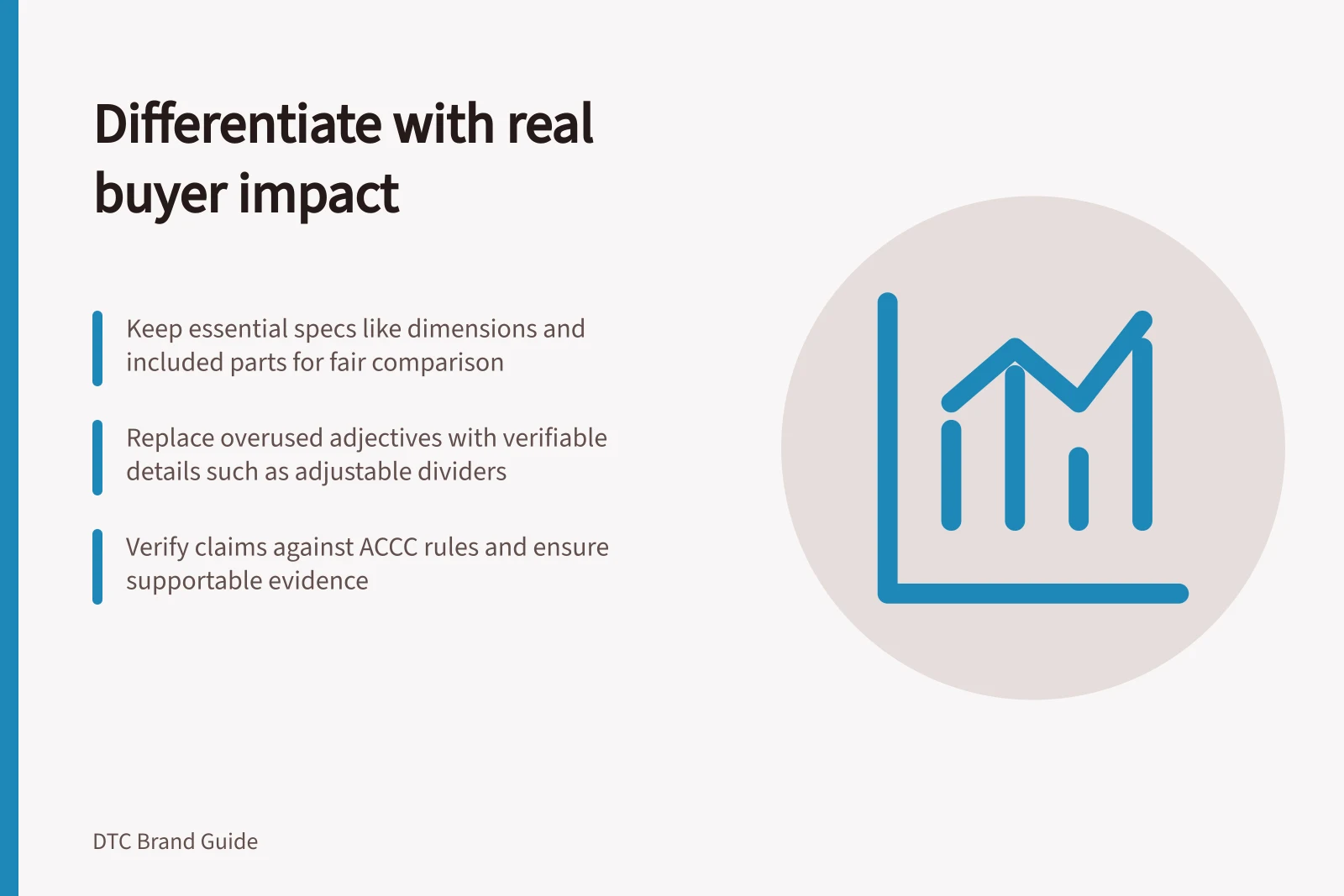 Differentiate with real buyer impact: Keep essential specs like dimensions and included parts for fair comparison; Replace overused adjectives with verifiable details such as adjustable dividers; Verify claims against ACCC rules and ensure supportable evidence