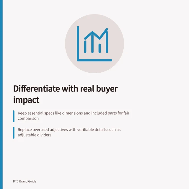 Differentiate with real buyer impact: Keep essential specs like dimensions and included parts for fair comparison; Replace overused adjectives with verifiable details such as adjustable dividers; Verify claims against ACCC rules and ensure supportable evidence. Comparing category conventions with a distinctive brand angle