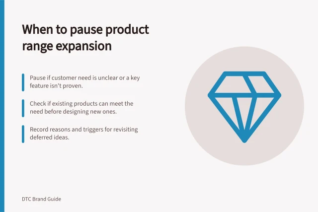 When to pause product range expansion: Pause if customer need is unclear or a key feature isn't proven.; Check if existing products can meet the need before designing new ones.; Record reasons and triggers for revisiting deferred ideas. Deciding when not to expand the range