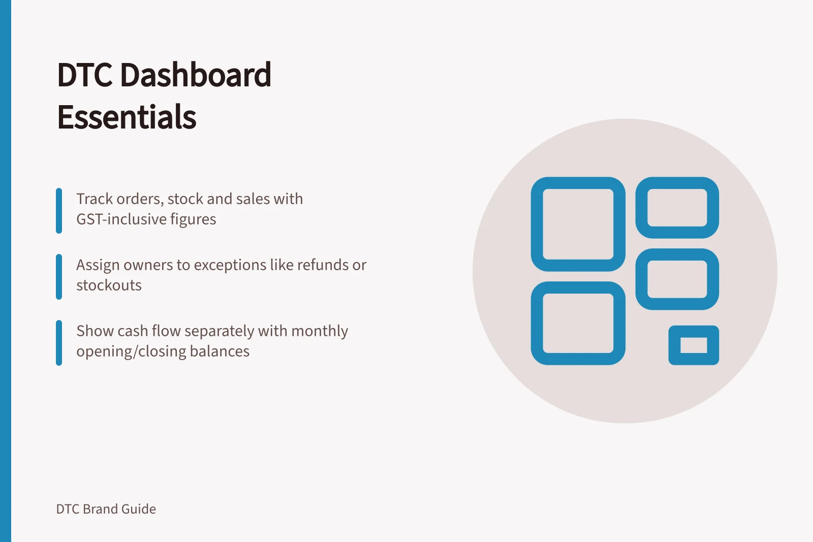DTC Dashboard Essentials: Track orders, stock and sales with GST-inclusive figures; Assign owners to exceptions like refunds or stockouts; Show cash flow separately with monthly opening/closing balances