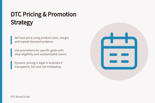 DTC Pricing & Promotion Strategy: Set base price using product costs, margin and market demand evidence; Use promotions for specific goals with clear eligibility and substantiated claims; Dynamic pricing is legal in Australia if transparent, fair and not misleading. DTC pricing and promotional strategy
