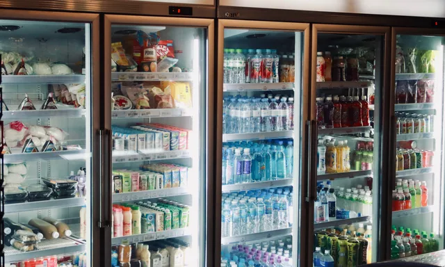 Refrigerator display with various beverages and snacks in a store environment. DTC product assortment