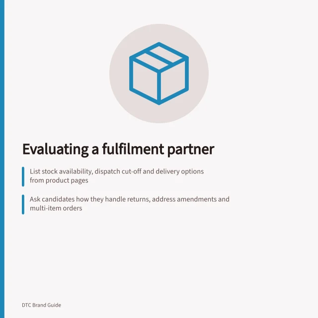 Evaluating a fulfilment partner: List stock availability, dispatch cut-off and delivery options from product pages; Ask candidates how they handle returns, address amendments and multi-item orders; Check tracking visibility and exception response with Australia Post's guidelines. Evaluating a fulfilment partner from the promised customer experience