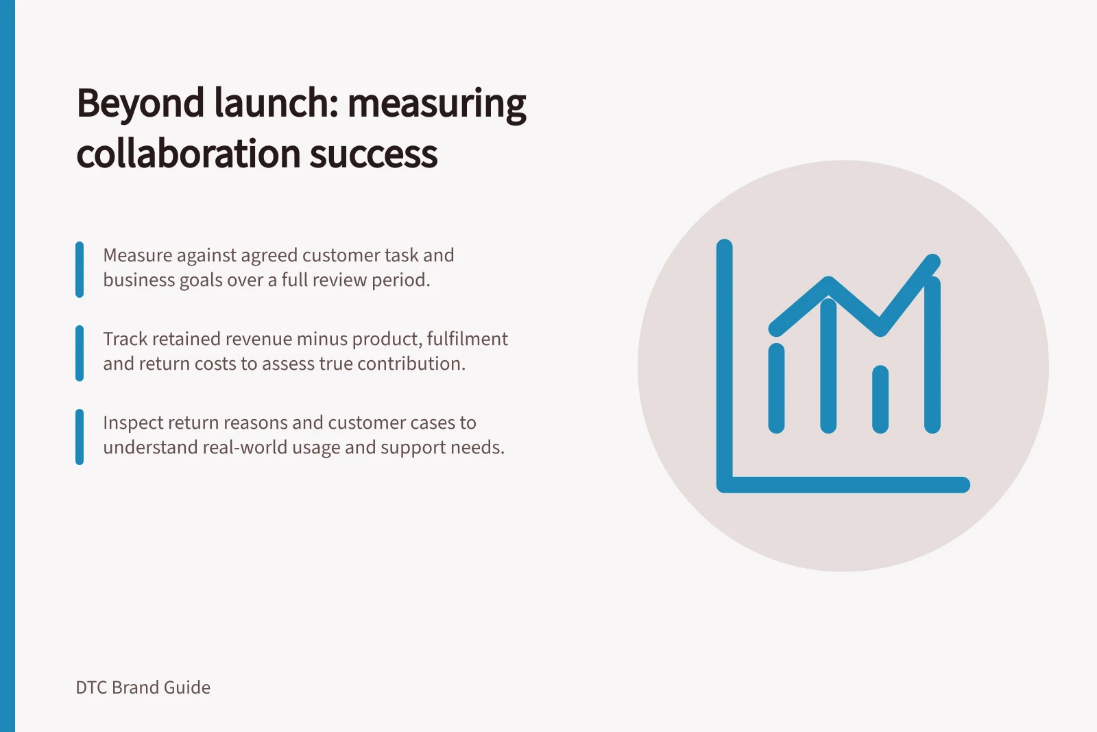 Beyond launch: measuring collaboration success: Measure against agreed customer task and business goals over a full review period.; Track retained revenue minus product, fulfilment and return costs to assess true contribution.; Inspect return reasons and customer cases to understand real-world usage and support needs.