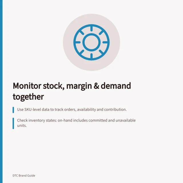 Monitor stock, margin & demand together: Use SKU-level data to track orders, availability and contribution.; Check inventory states: on-hand includes committed and unavailable units.; Compare observed demand with supply, economics and returns before reordering. Monitoring stock, margin and customer demand together
