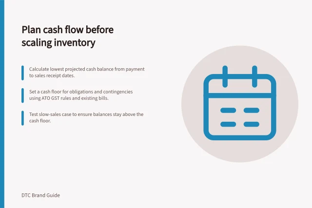 Plan cash flow before scaling inventory: Calculate lowest projected cash balance from payment to sales receipt dates.; Set a cash floor for obligations and contingencies using ATO GST rules and existing bills.; Test slow-sales case to ensure balances stay above the cash floor. Planning cash needs before scaling inventory