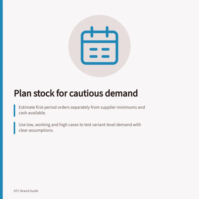 Plan stock for cautious demand: Estimate first-period orders separately from supplier minimums and cash available.; Use low, working and high cases to test variant-level demand with clear assumptions.; Confirm lead times and set reorder rules before launch, avoiding surplus stock risks. Planning launch stock around a cautious demand estimate