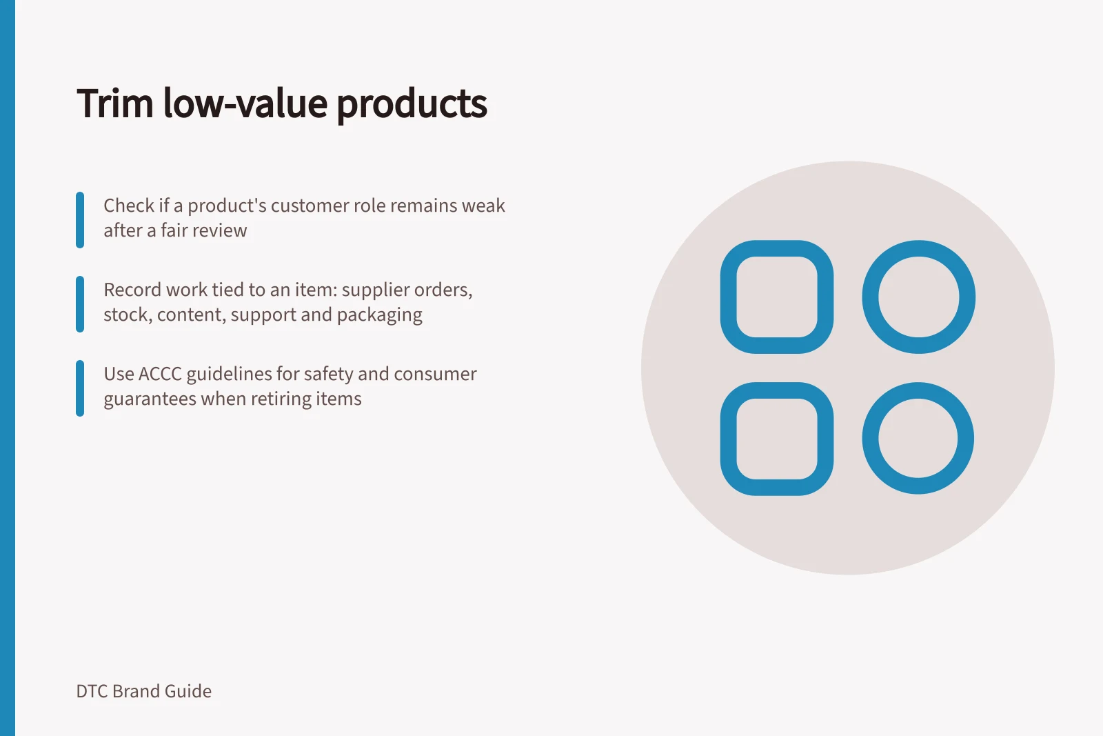 Trim low-value products: Check if a product's customer role remains weak after a fair review; Record work tied to an item: supplier orders, stock, content, support and packaging; Use ACCC guidelines for safety and consumer guarantees when retiring items