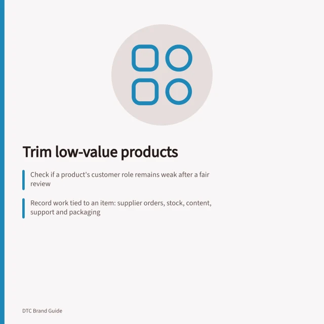 Trim low-value products: Check if a product's customer role remains weak after a fair review; Record work tied to an item: supplier orders, stock, content, support and packaging; Use ACCC guidelines for safety and consumer guarantees when retiring items. Removing products that add complexity without value