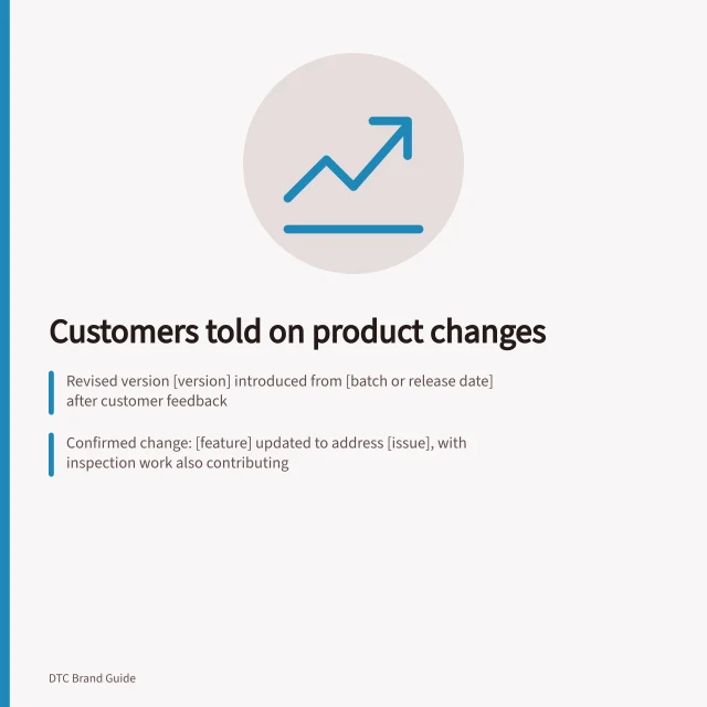 Customers told on product changes: Revised version [version] introduced from [batch or release date] after customer feedback; Confirmed change: [feature] updated to address [issue], with inspection work also contributing; Support contact: [route] for customers to check their item's version and report performance. Telling customers when their feedback led to a product revision