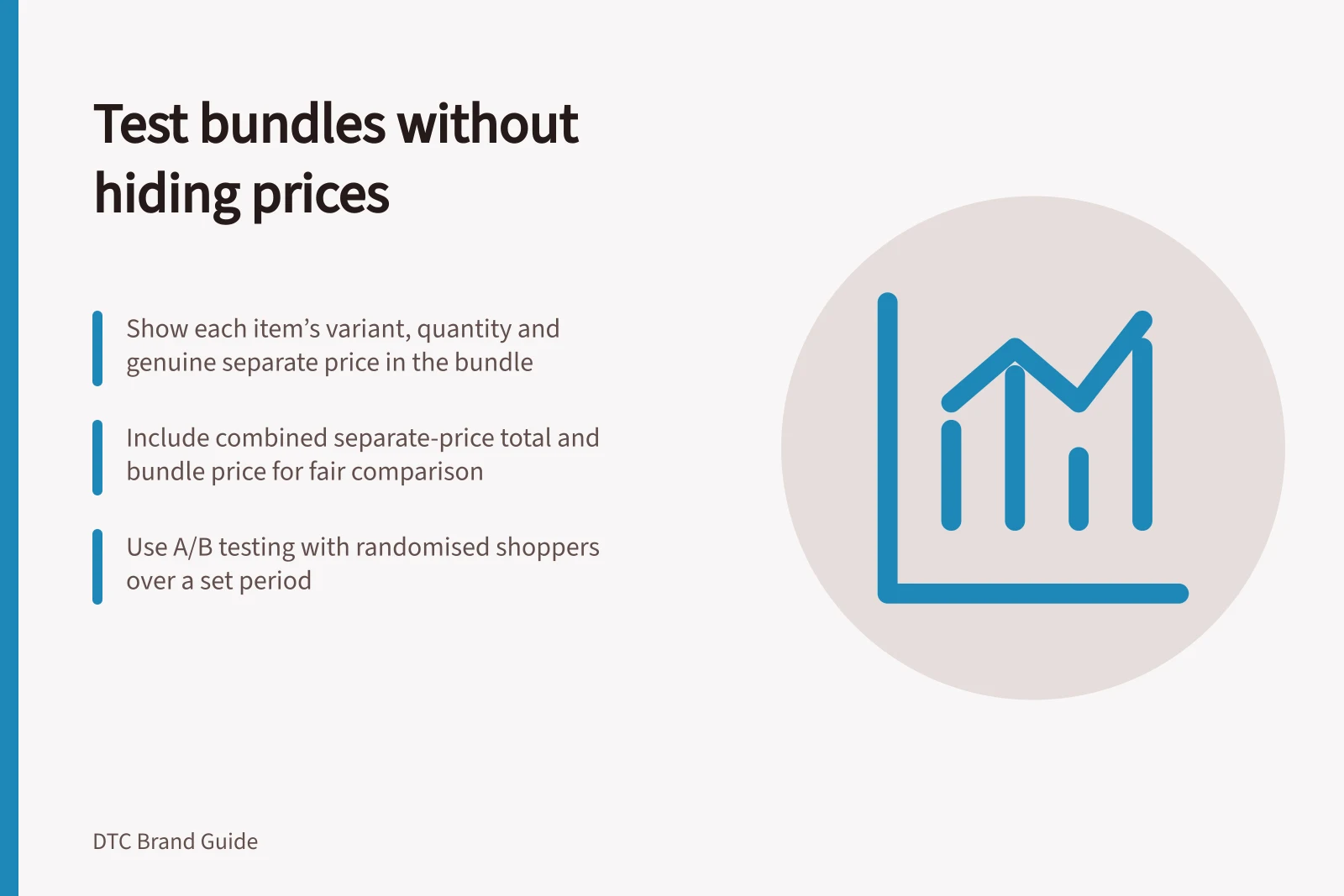 Test bundles without hiding prices: Show each item’s variant, quantity and genuine separate price in the bundle; Include combined separate-price total and bundle price for fair comparison; Use A/B testing with randomised shoppers over a set period