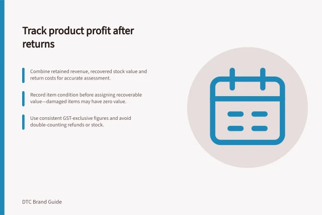 Track product profit after returns: Combine retained revenue, recovered stock value and return costs for accurate assessment.; Record item condition before assigning recoverable value—damaged items may have zero value.; Use consistent GST-exclusive figures and avoid double-counting refunds or stock. Tracking product-level profitability after returns