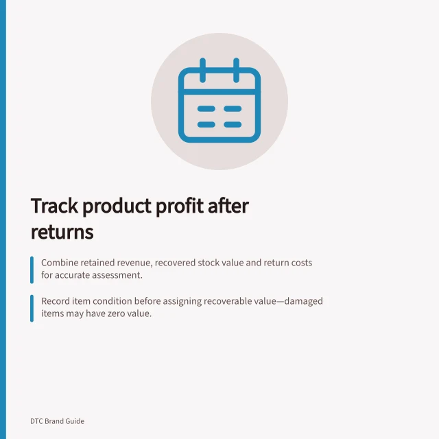 Track product profit after returns: Combine retained revenue, recovered stock value and return costs for accurate assessment.; Record item condition before assigning recoverable value—damaged items may have zero value.; Use consistent GST-exclusive figures and avoid double-counting refunds or stock. Tracking product-level profitability after returns