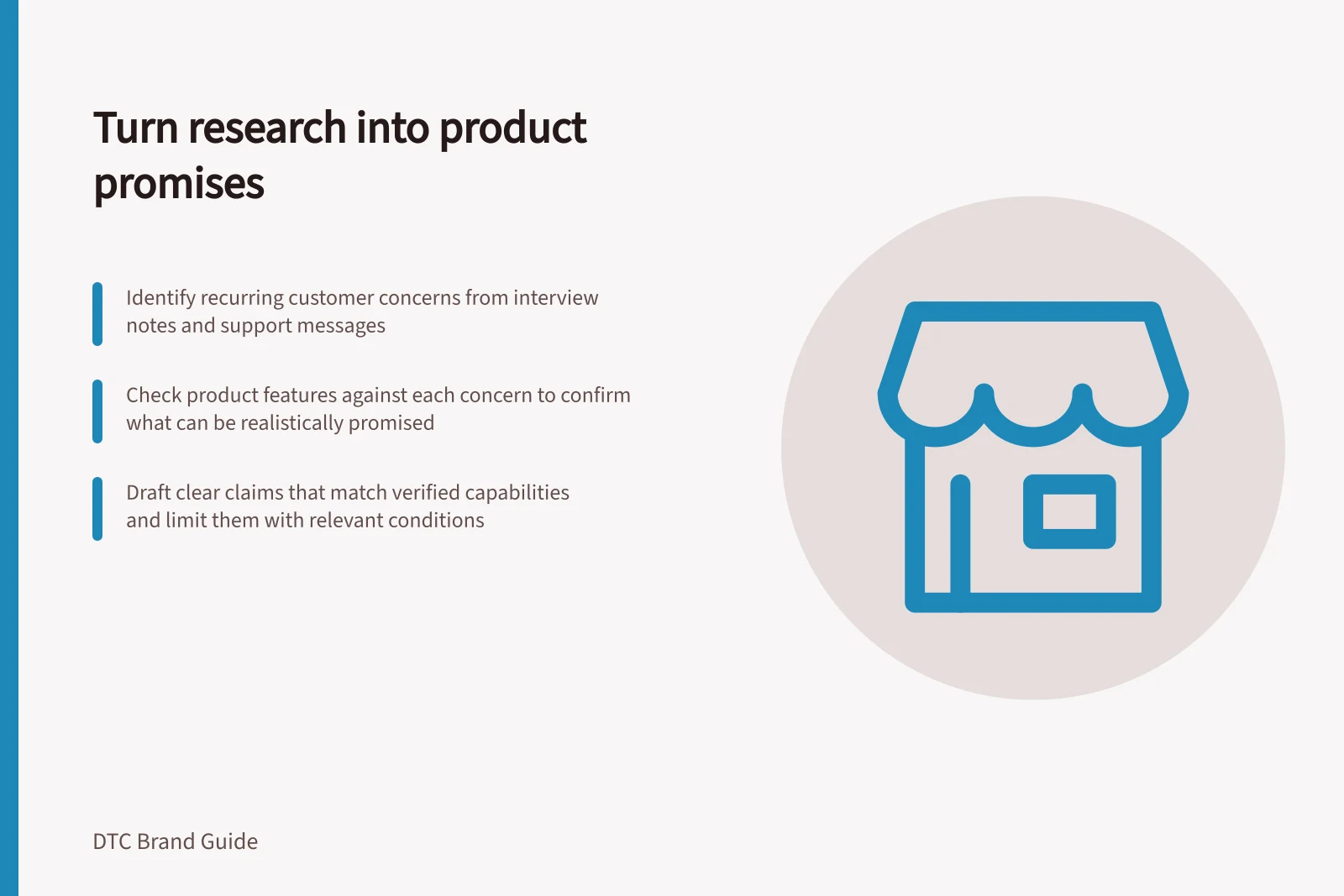 Turn research into product promises: Identify recurring customer concerns from interview notes and support messages; Check product features against each concern to confirm what can be realistically promised; Draft clear claims that match verified capabilities and limit them with relevant conditions