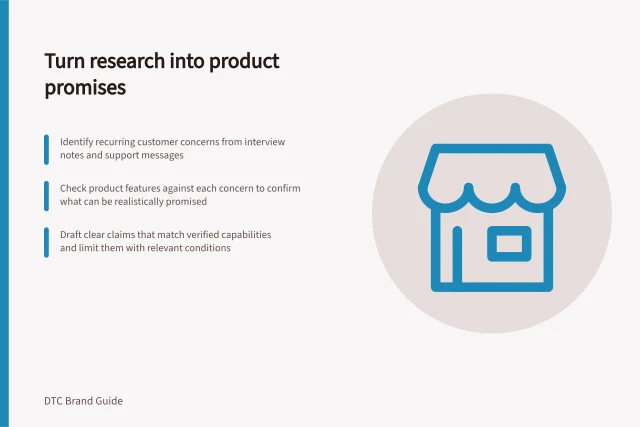 Turn research into product promises: Identify recurring customer concerns from interview notes and support messages; Check product features against each concern to confirm what can be realistically promised; Draft clear claims that match verified capabilities and limit them with relevant conditions. Turning customer research into a product promise